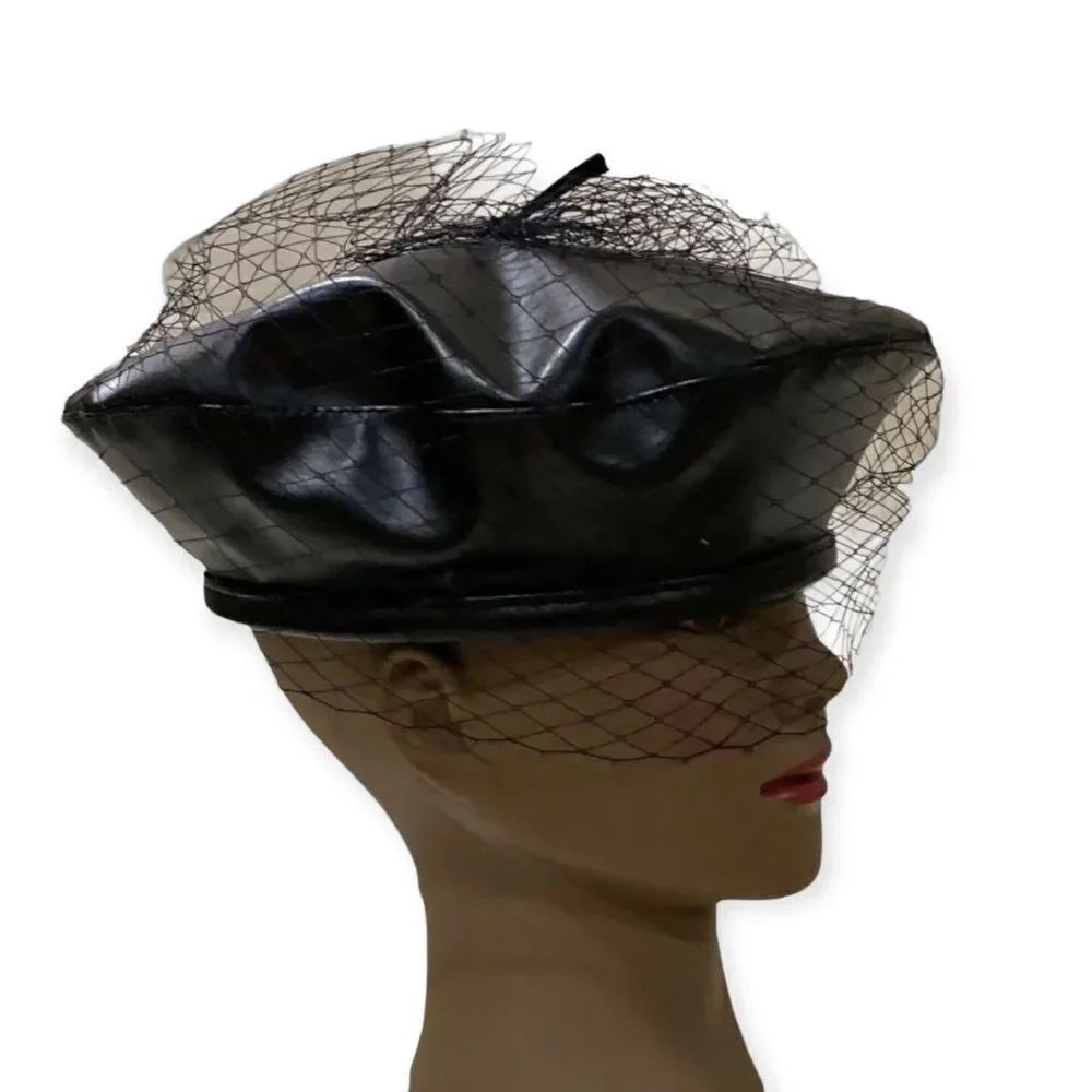 Black Veiled Faux Leather Beret - NEW